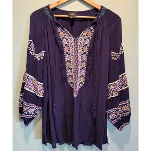 June & Vie Navy Blue Purple Boho Embroidered Long Sleeve Top Tassels Sz M